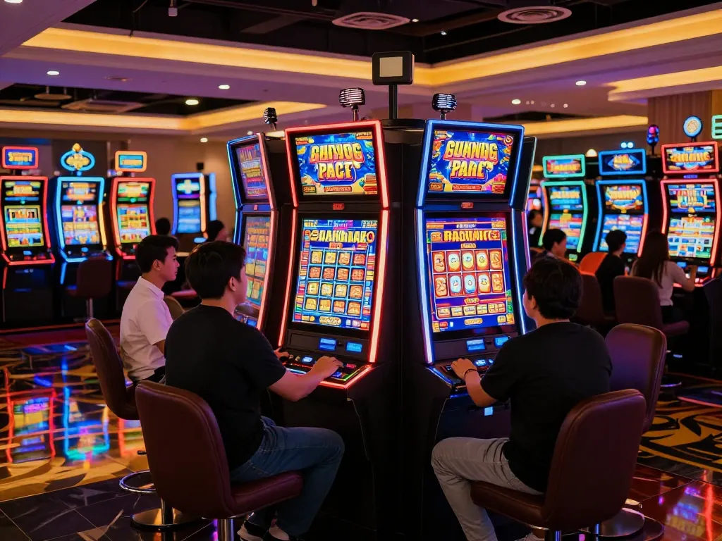 Engaging players celebrating wins on SLOT GACOR machines in dynamic casino environment
