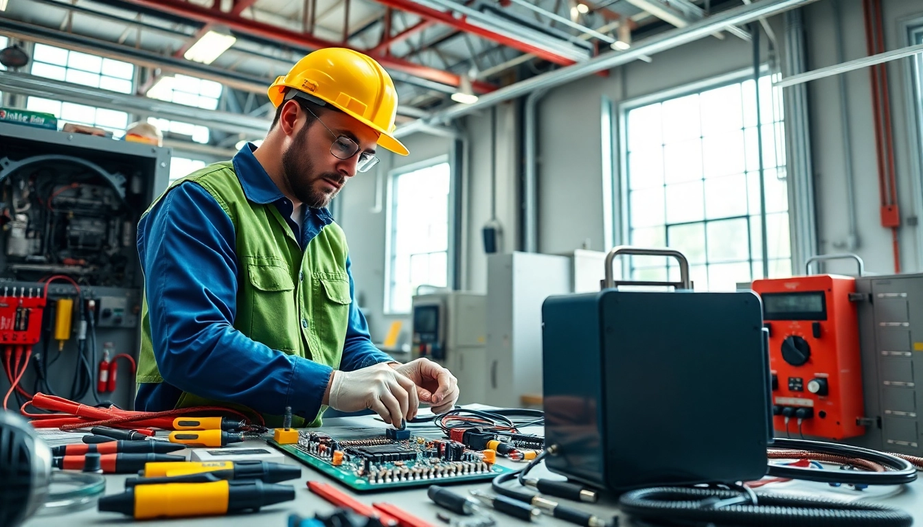 Edmonton electrical maintenance technician inspecting electrical equipment with tools in a bright workspace.