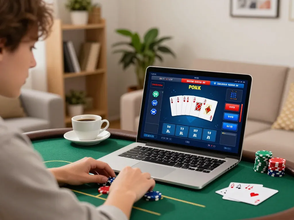 LOTO188 player engaging in intense poker gameplay on a laptop in a cozy home setting.