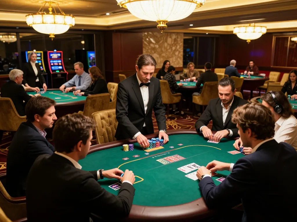 Engaged players at luxurious poker table showcasing strategic gameplay at FIVE88 casino