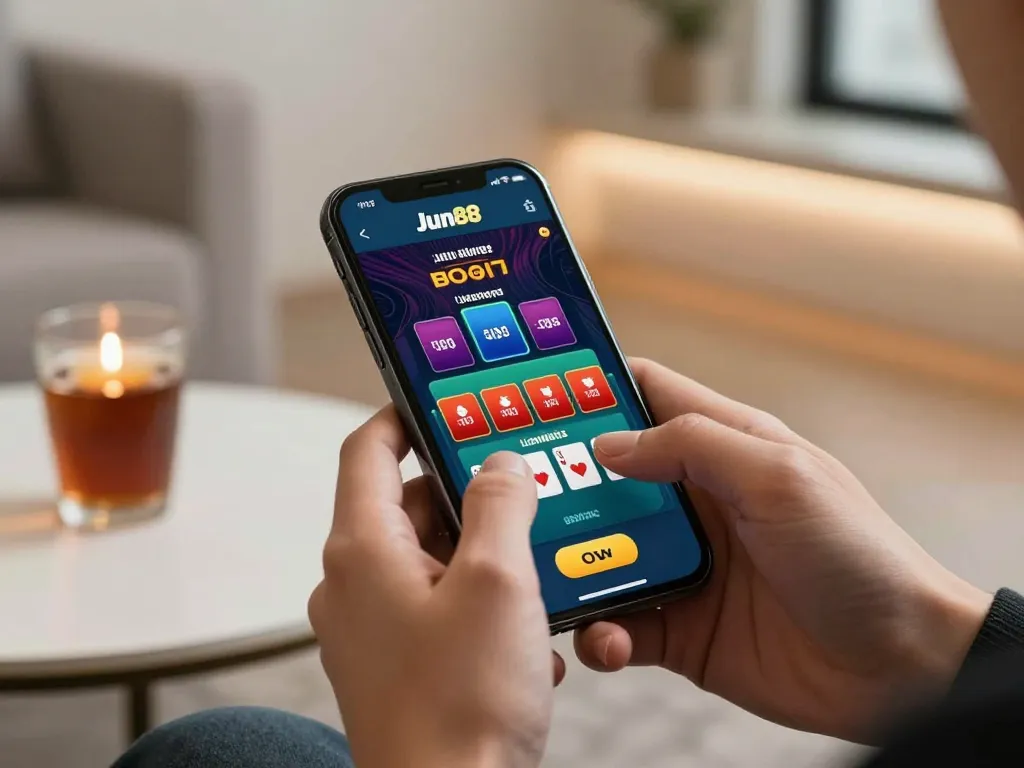 Engaging in live dealer blackjack on Jun88 app, showcasing mobile gaming excitement and strategy.
