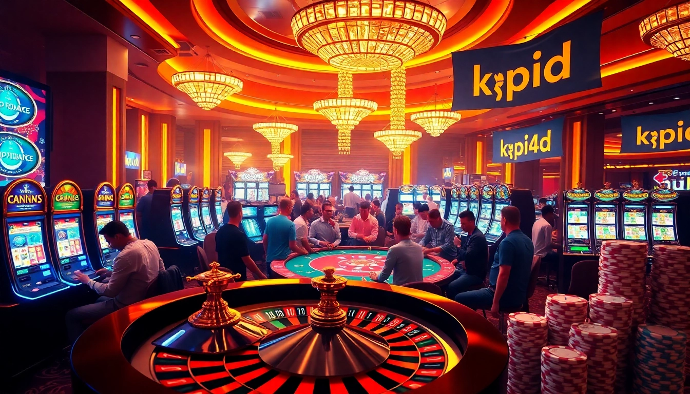 Engaging gamblers at the vibrant kpi4d casino featuring slot machines and poker tables.