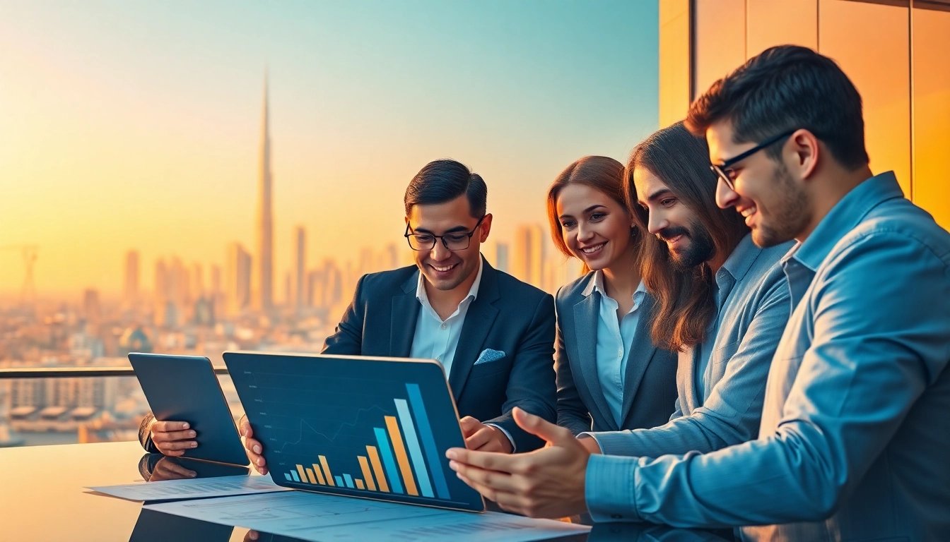 Business Consultants in Dubai collaborating strategically in a vibrant meeting with a city skyline view.