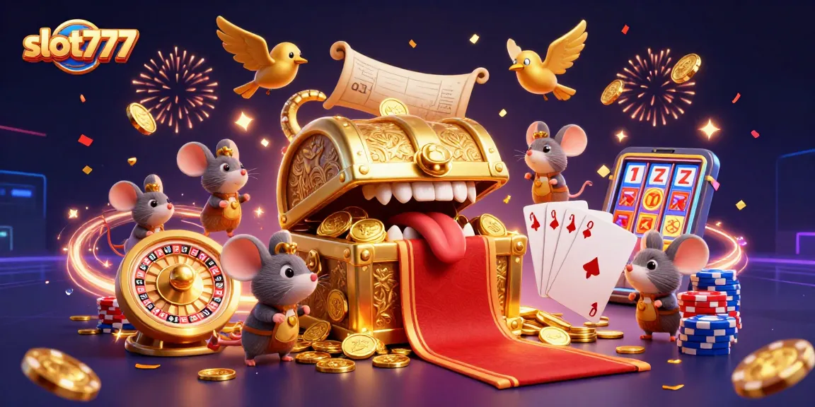 Spin the reels of slot777 and win big in this vibrant casino illustration filled with treasures.