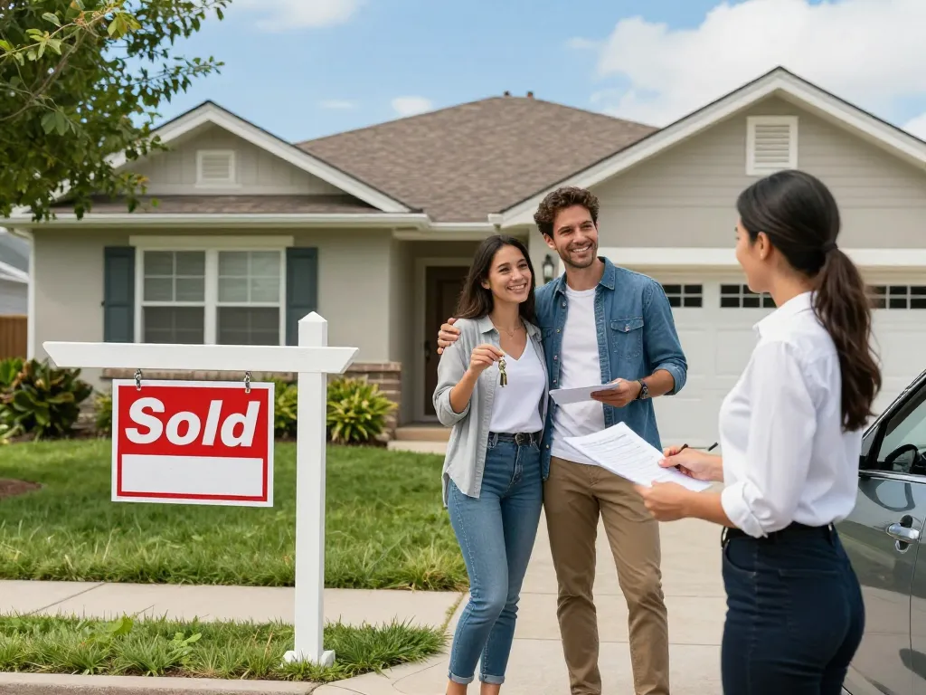 We buy houses for cash with a family celebrating their home sale, displaying a "Sold" sign in a vibrant suburban setting.