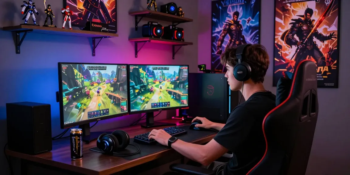 Ruang gaming online rajareceh dengan pemain fokus pada layar, minuman energi dan pernak-pernik.