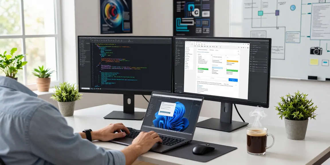 Web development workspace with scenadomen.pl branding and coding activities in a modern office.