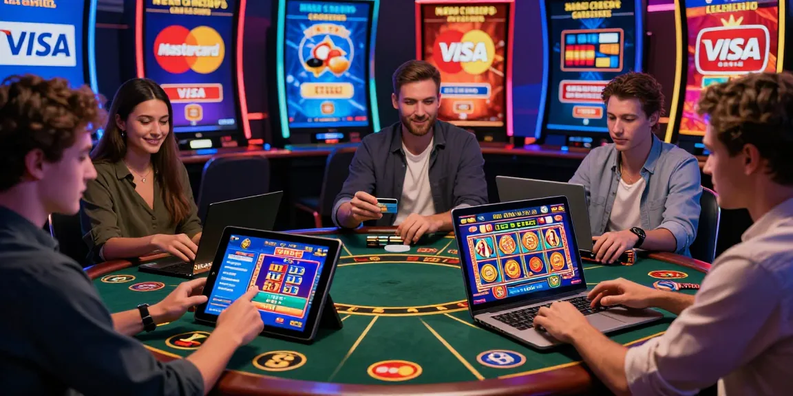 Engaging scene of players at new credit card casinos using smartphones and laptops for gaming.