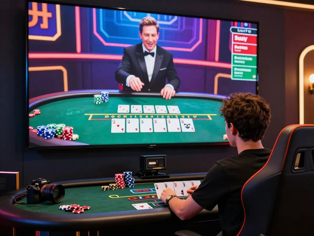 Player engaging in an immersive 바카라사이트 experience in a vibrant online casino environment with live dealer interaction.