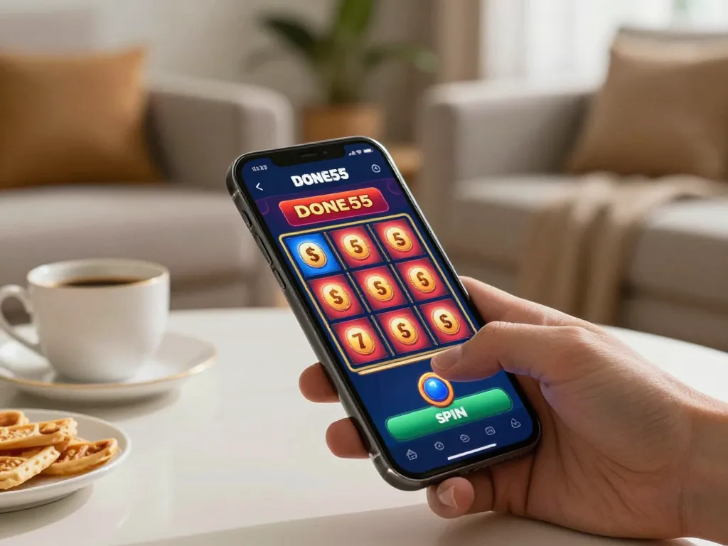 Engaging player uses Done55 app on smartphone in cozy home setting, emphasizing strategic play.