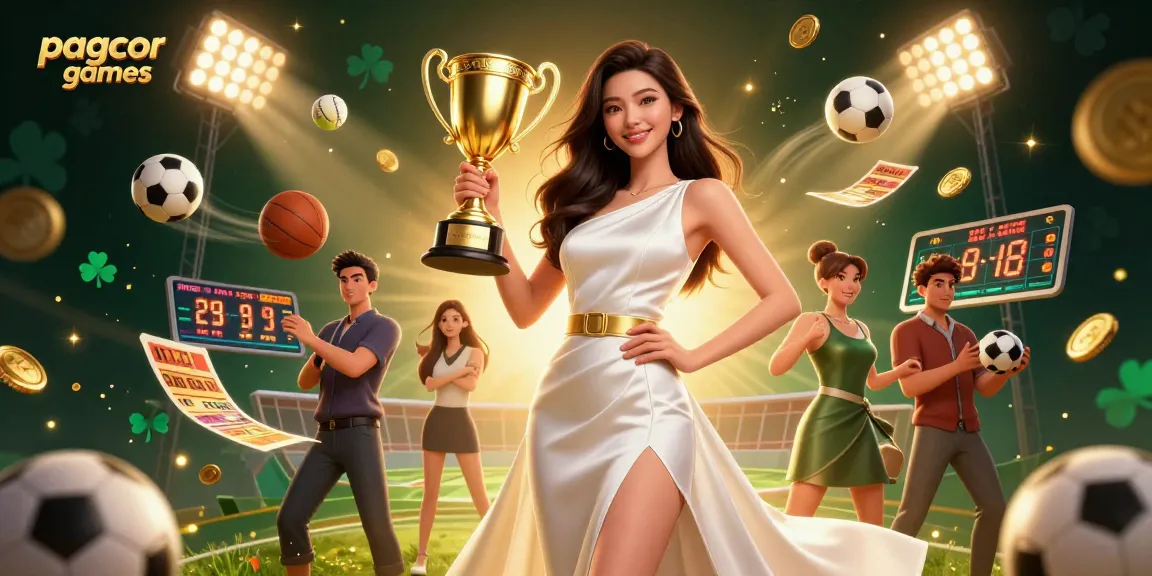Engage with exciting pagcor games, featuring a victorious woman with a trophy amidst dynamic sports elements.