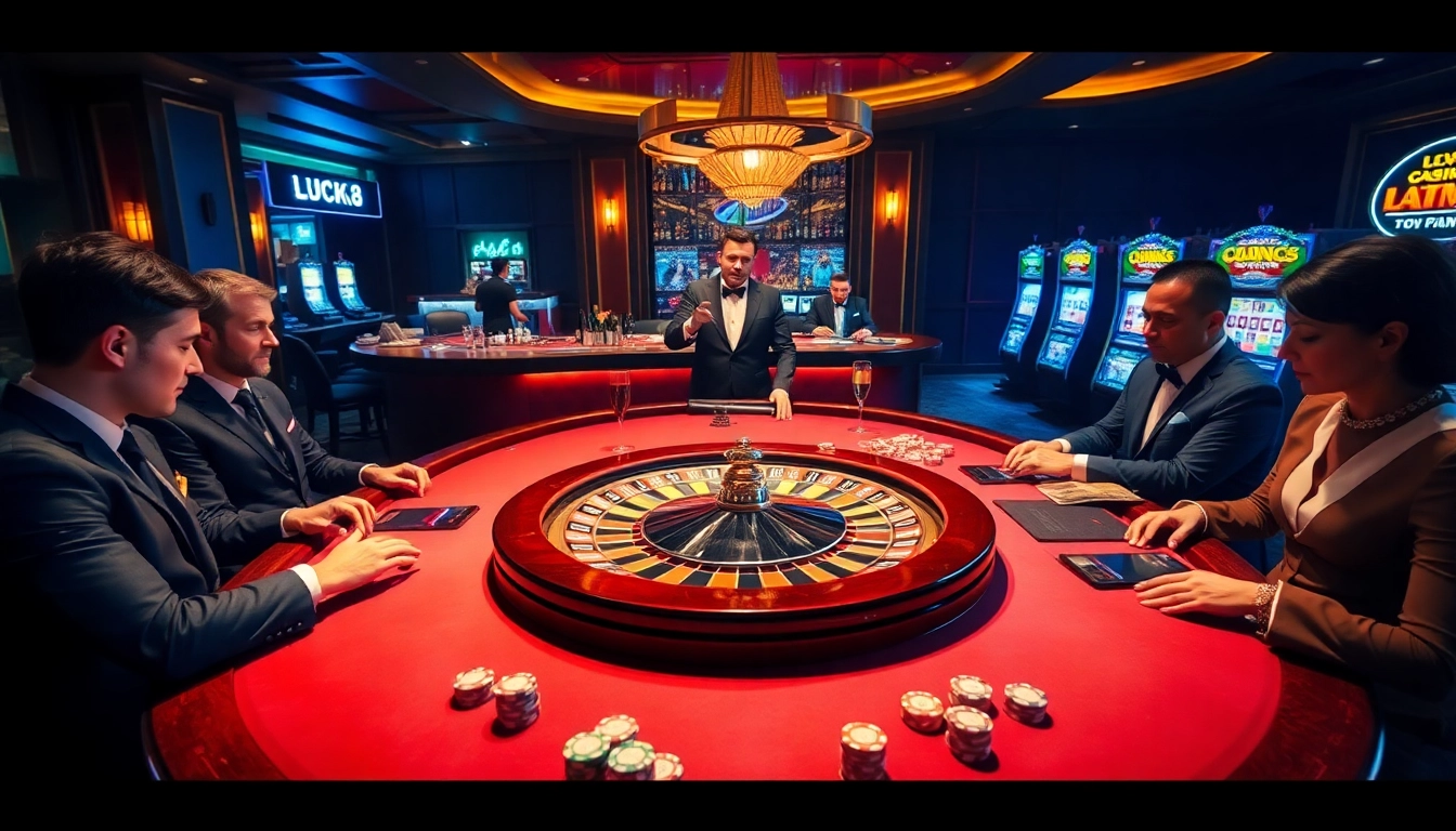 Experience high-stakes poker at LUCK8 with players in a luxurious casino setting.