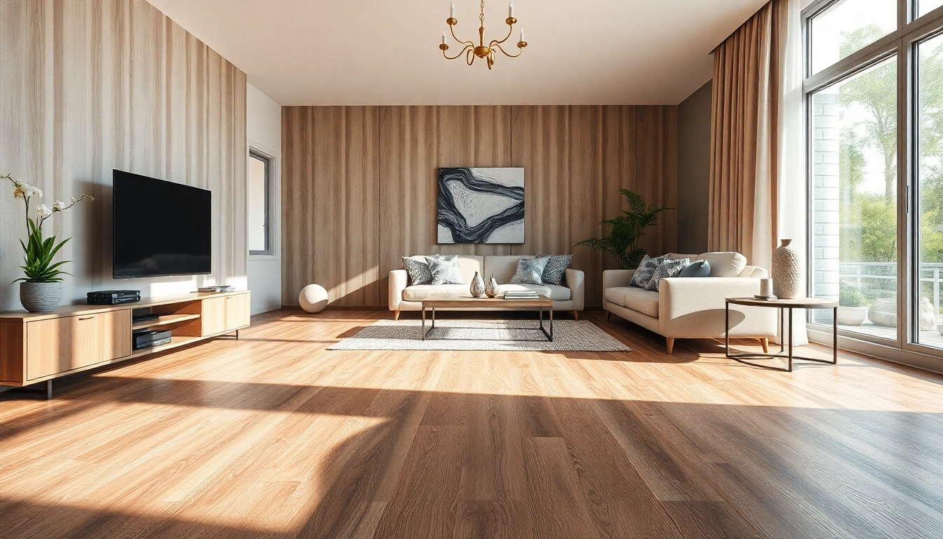 Elegant installation of vinyl flooring in a modern living room highlighting texture and warm tones.