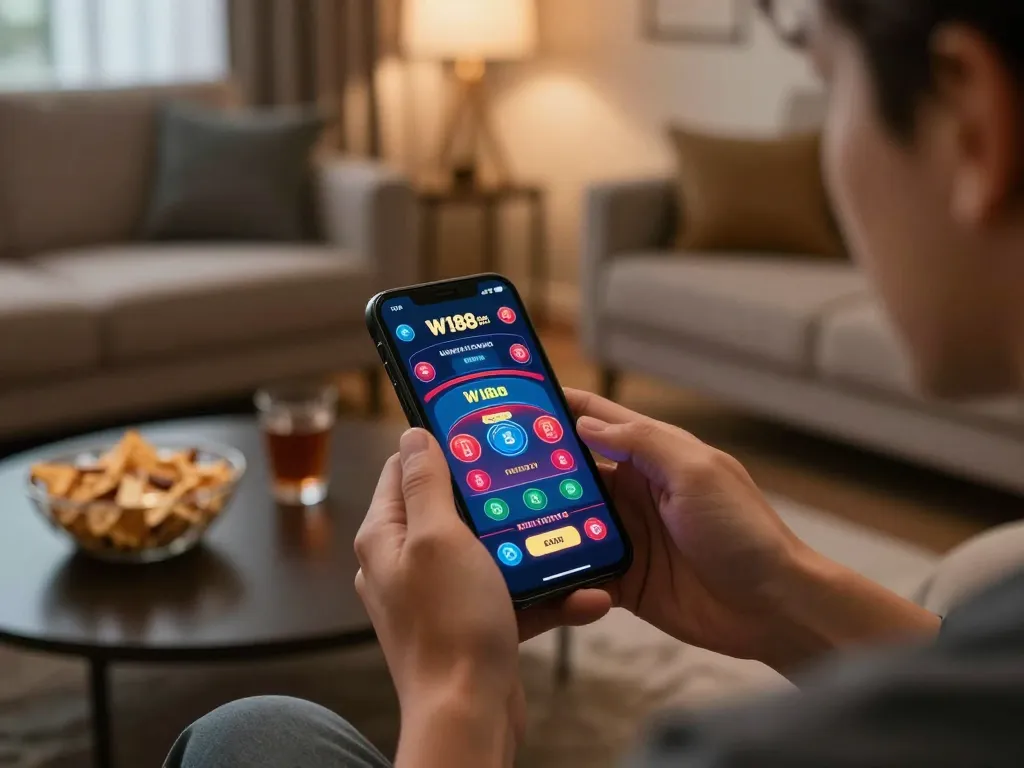 Engaging smartphone gaming on W188 com in cozy living room, showcasing responsible gambling atmosphere.