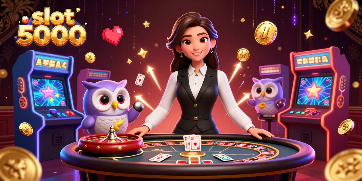 Experience the excitement of slot 5000 with a dynamic casino scene featuring a charming dealer duo and vibrant game elements.