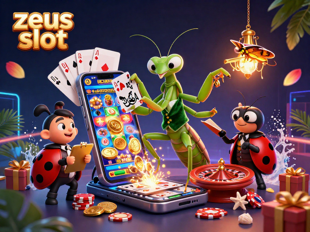 Engage with zeus slot on an ultra-detailed scene featuring a giant mantis dealer and animated game elements.