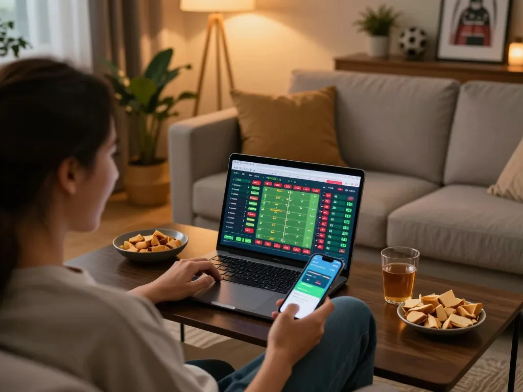 Kèo nhà cái action during live sports betting at home with a player engaging on multiple devices