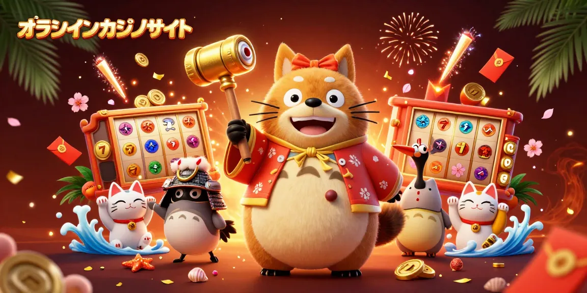 オンラインカジノサイトでスロットを楽しむかわいいたぬきと友達の鶴のイラスト
