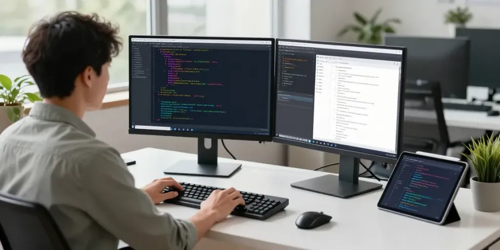 Developer coding with Notepad++ at a modern workspace, showcasing syntax highlighting and productivity.