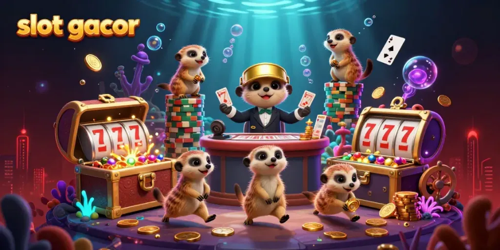 Experience slot gacor excitement with playful meerkats in a vibrant casino underwater setting