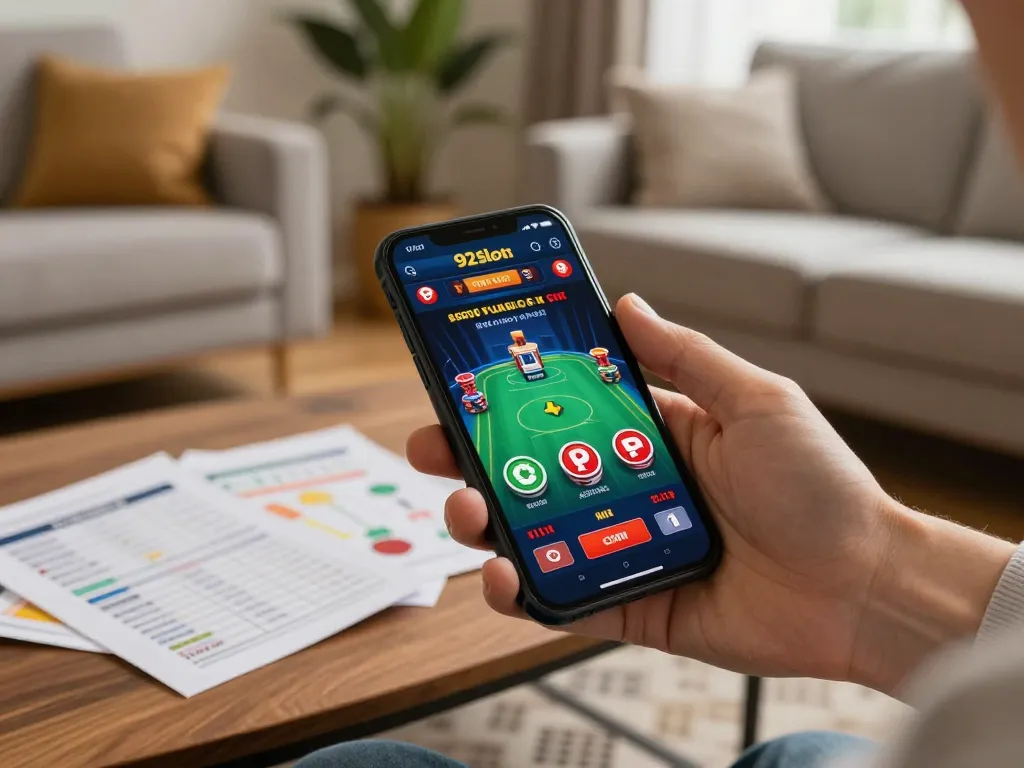 Navigating 92slot com on smartphone for online gaming while studying strategy notes