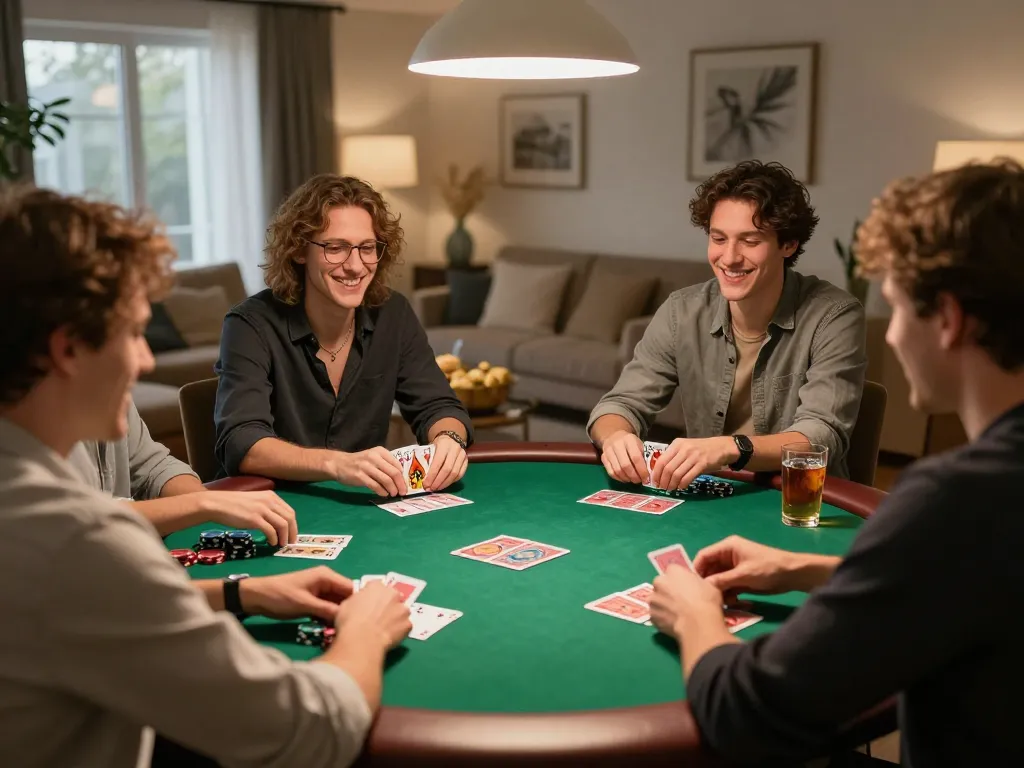 Social poker night scene featuring friends playing together, highlighting situs togel with strategic card gameplay.