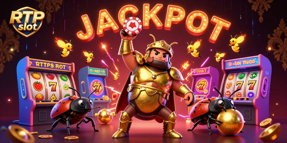 Engaging RTP slot action scene featuring a hercules beetle celebrating a jackpot amidst vibrant casino elements.