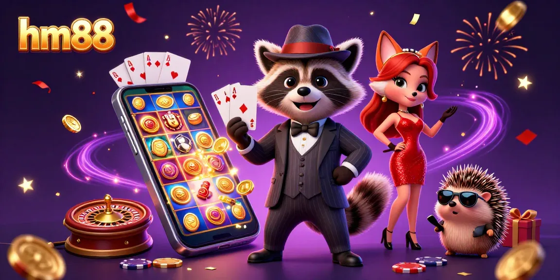 Experience thrilling gameplay with hm88 as raccoon, fox, and hedgehog celebrate in a vibrant casino scene.