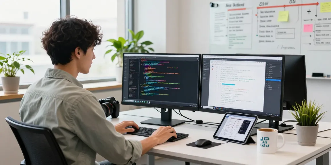 NAGA2000 software engineer coding in a vibrant tech office with dual monitors.