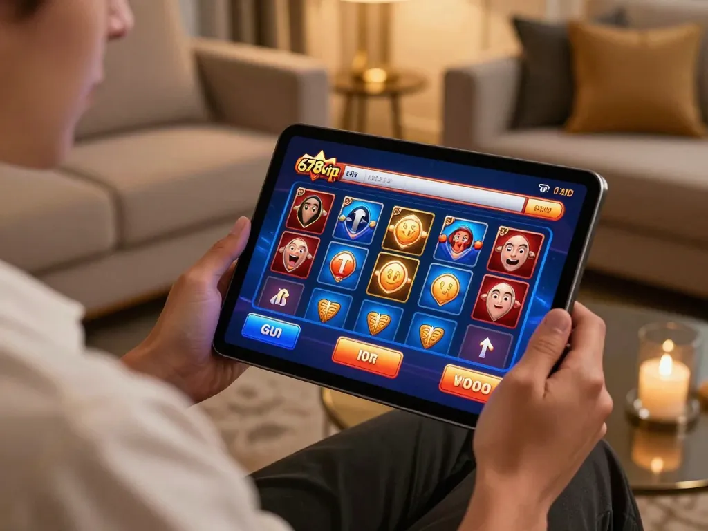 Engaging online session at 678vip with a player immersed in casino games on a tablet.
