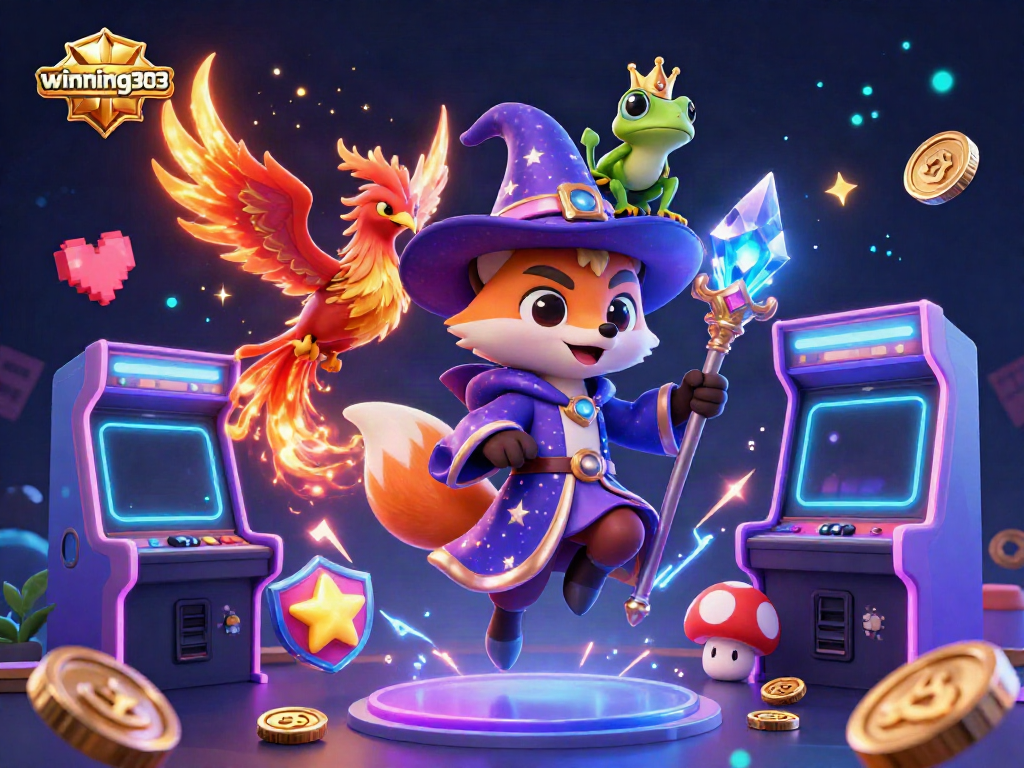 Engage with winning303's magical gaming adventure featuring wizard fox, phoenix, and vibrant arcade machines.