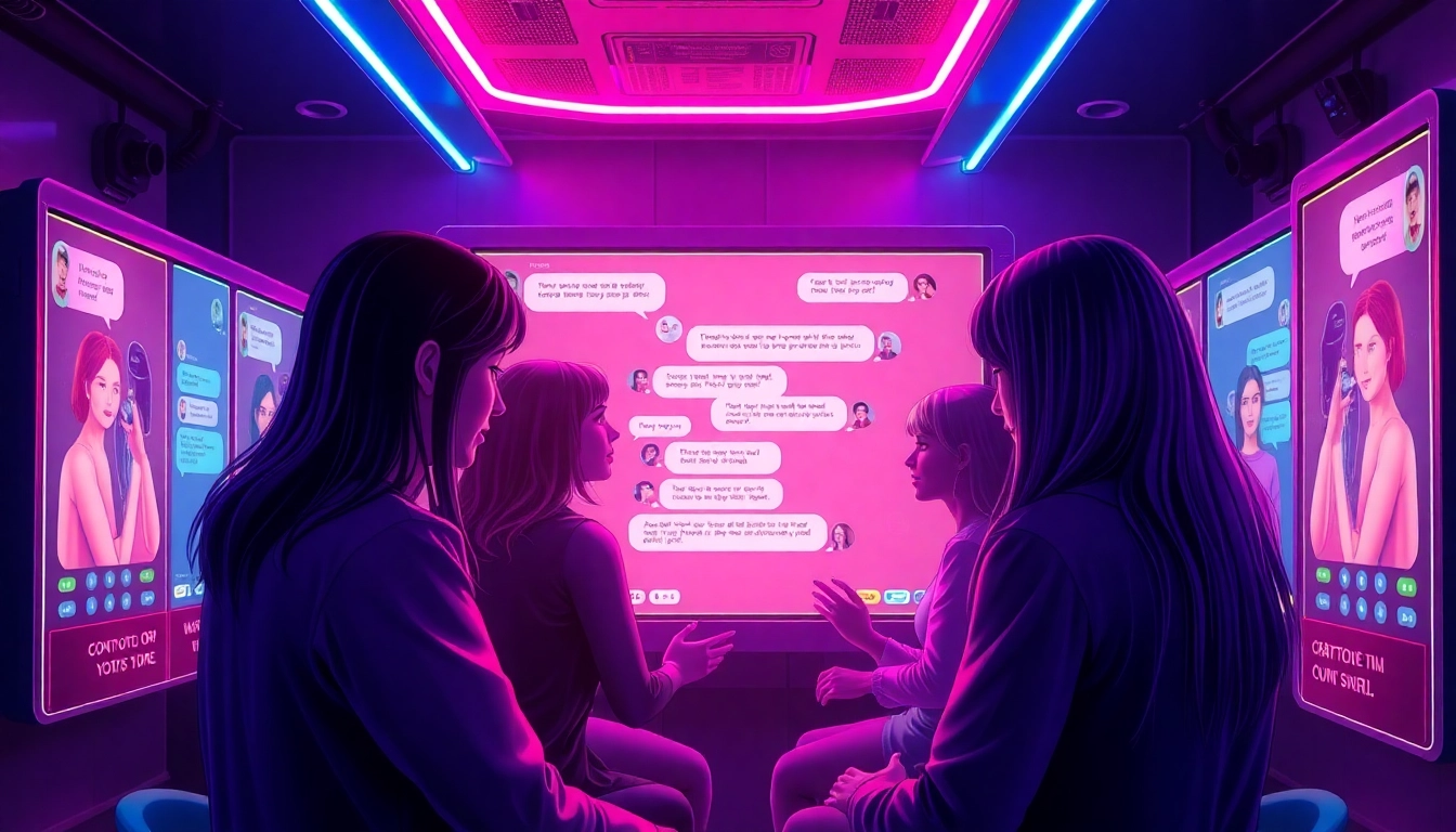 Interactive users engaging with sexting AI chatbots in a vibrant, futuristic environment.