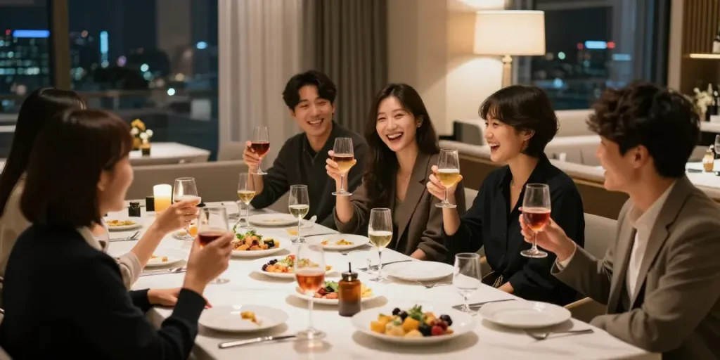 강남구구단의 고급스러운 독립 룸에서 친구들이 즐겁게 대화하고 있는 모습.