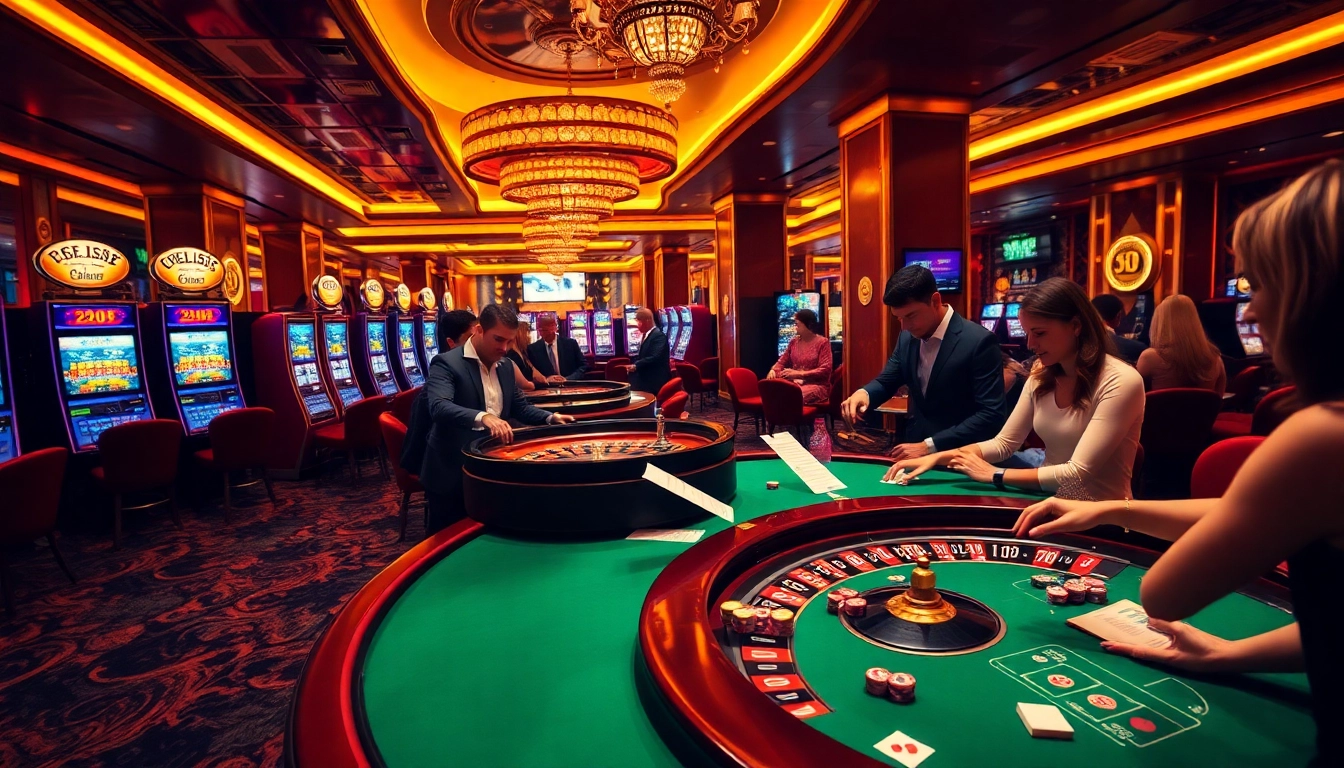 Players celebrating big wins at the luxurious 222bd club, featuring vibrant slots and roulette tables.