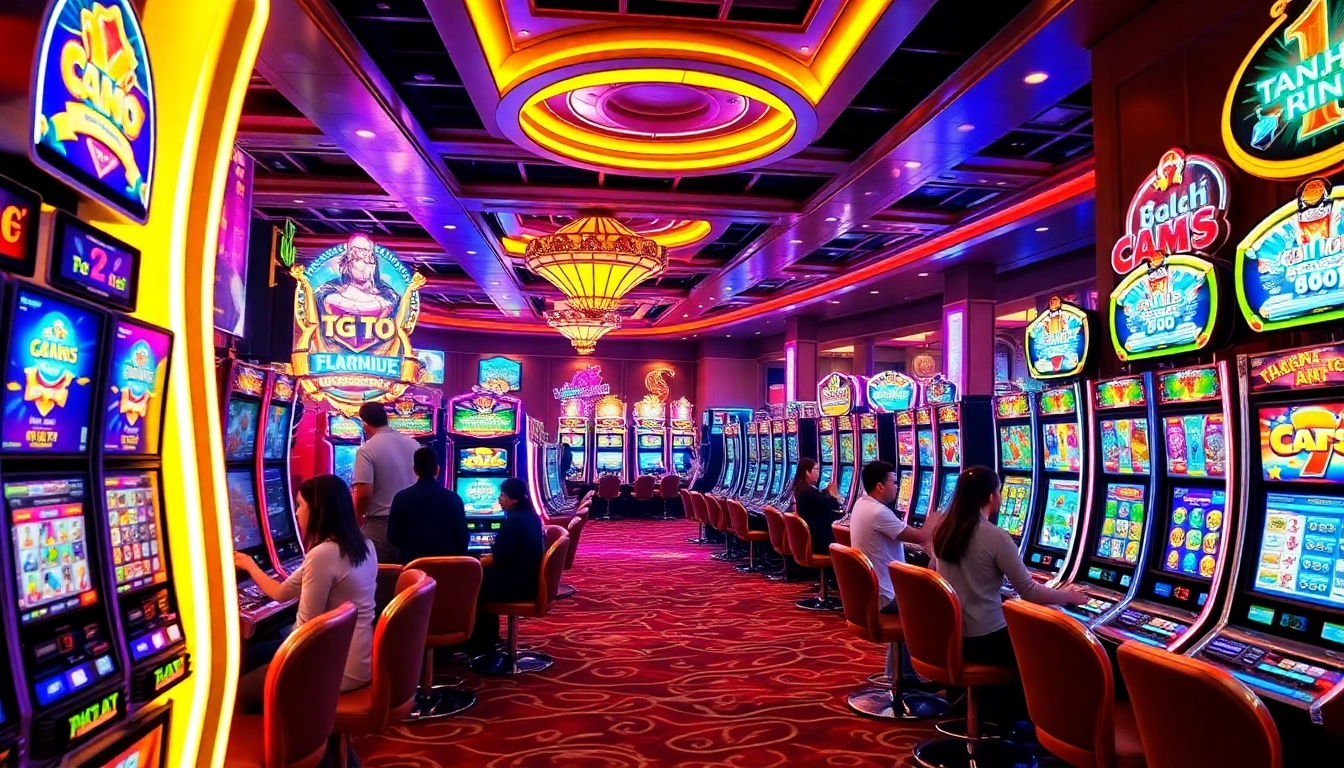Nổ hũ 28bet players enjoying vibrant slot machines in a luxurious casino setting.