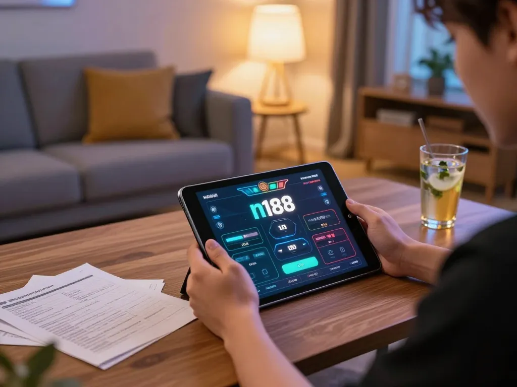 Engaged player using n188 app on tablet in cozy living room setting while reviewing betting strategies.