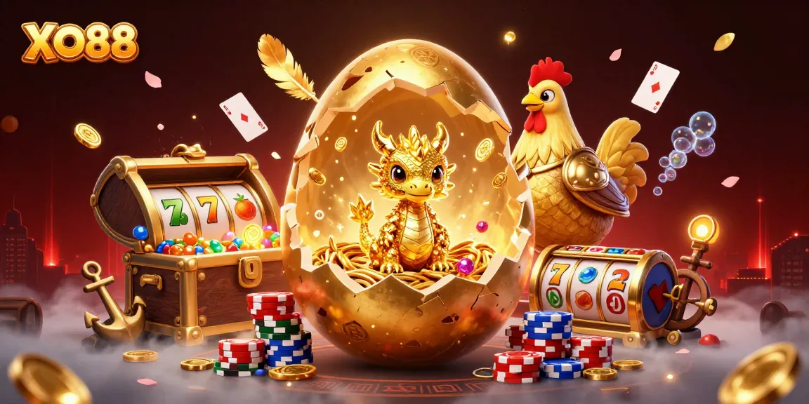 Experience thrilling joy with XO88's vibrant golden dragon emerging from poker chips in an enchanting casino scene.