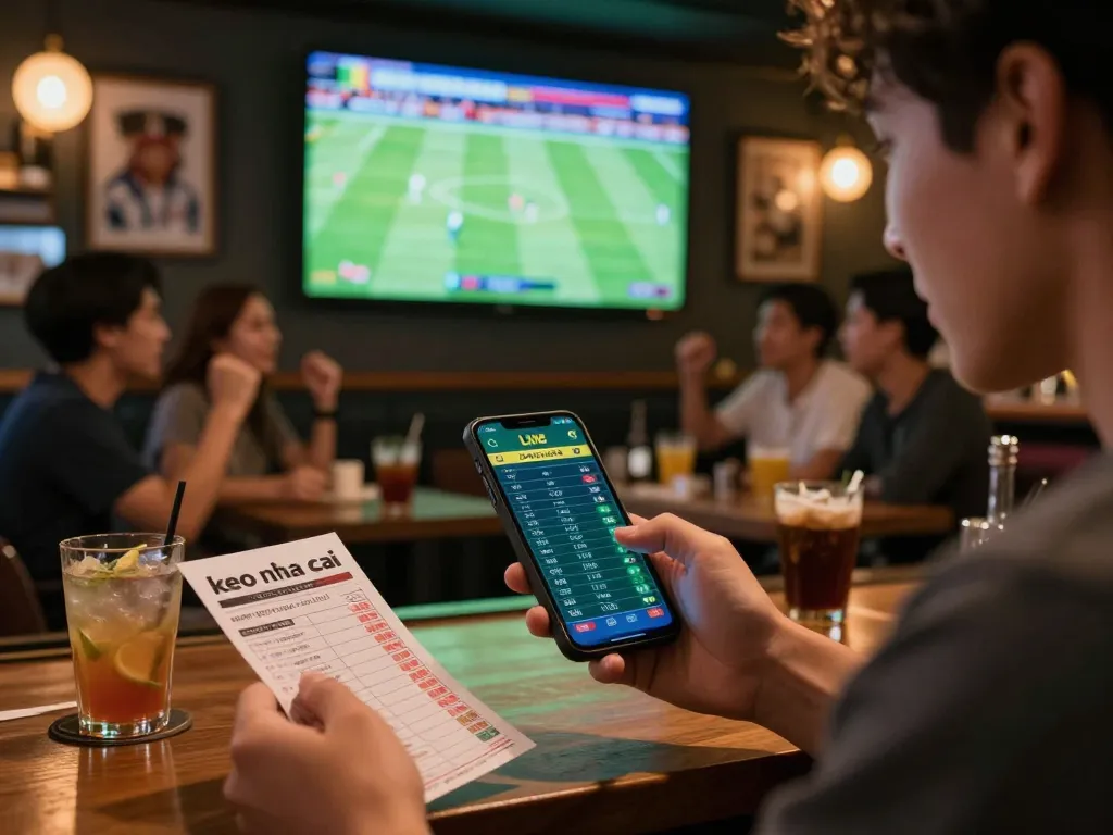 Person placing keo nha cai bets while watching a live football match at home, enjoying the sports atmosphere.