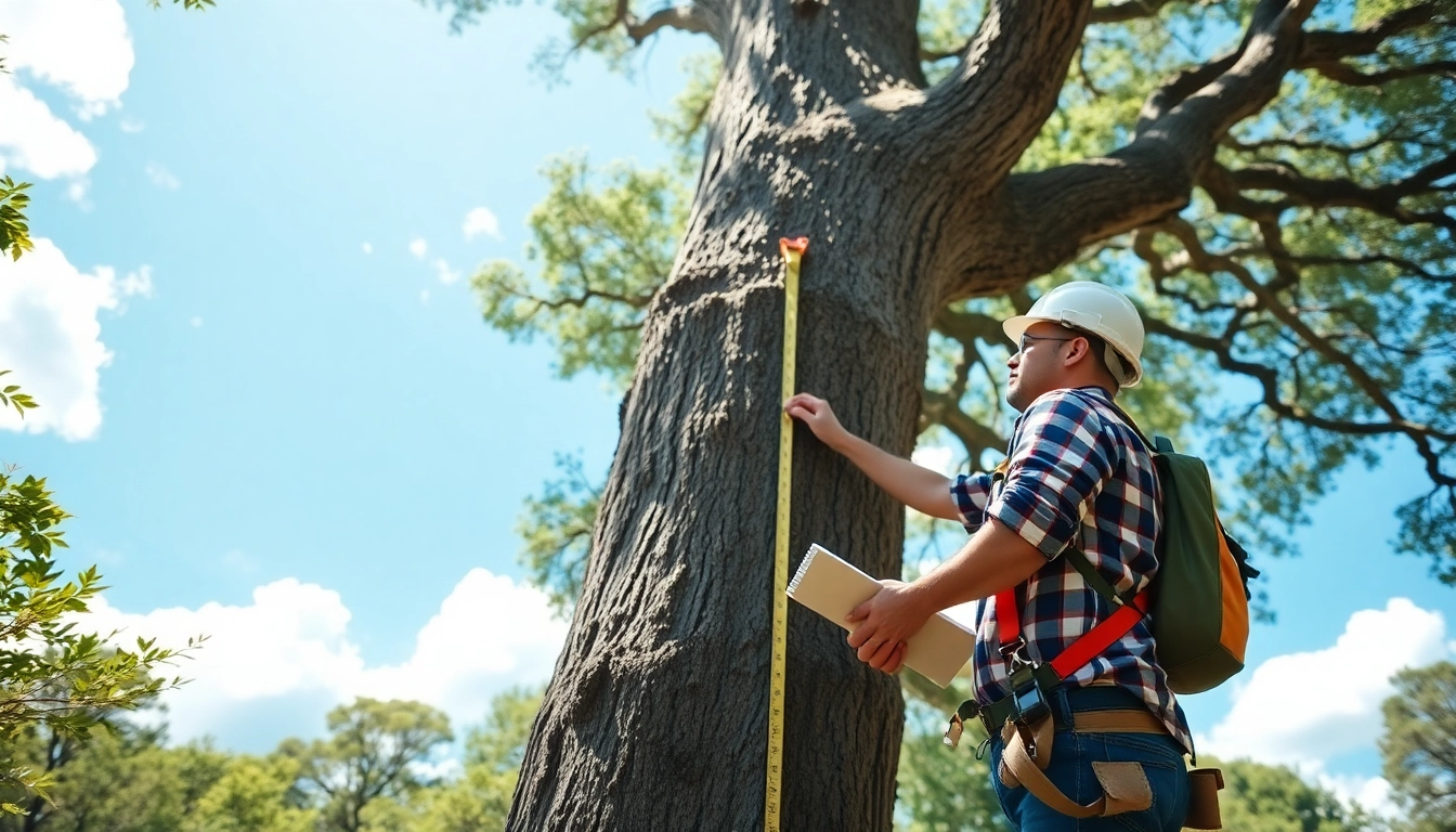 Tree Consultancy expert evaluating a sturdy oak tree in a sunlit forest setting.