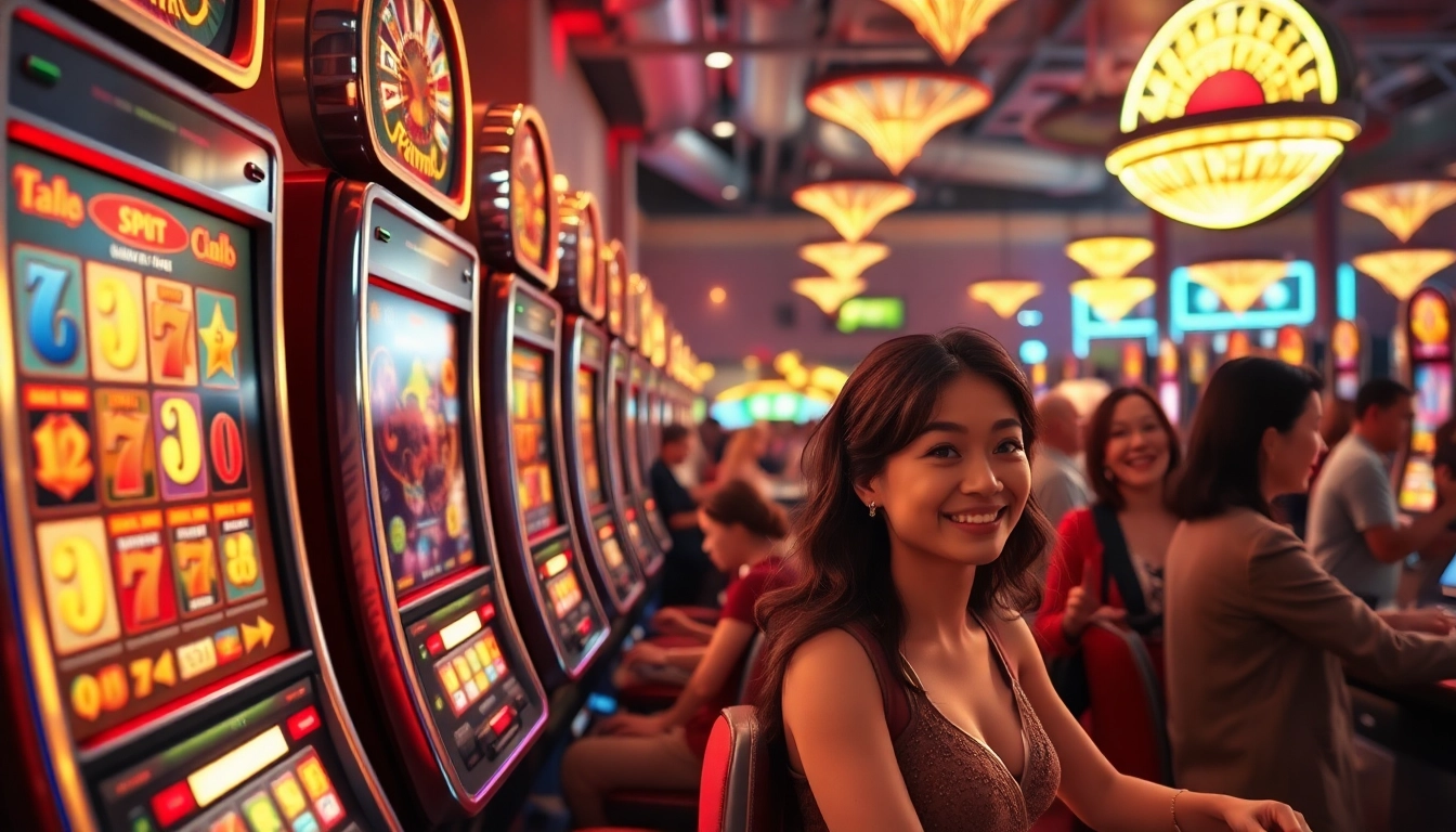 Pakde4D menampilkan suasana kasino yang meriah dengan mesin slot dan pemain bersemangat.