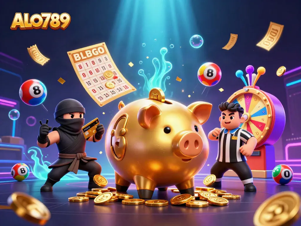 Experience the thrill of ALO789 with epic gaming action featuring a golden piggy bank sumo wrestler amidst coins and lottery elements.