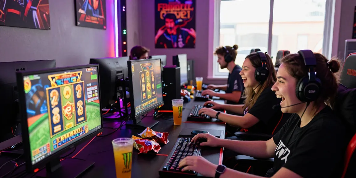 Excited players enjoying garuda303 online gaming session with vibrant slot games and snacks.