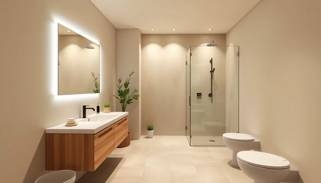 Modern small bathroom remodel showcasing sleek design and natural materials.