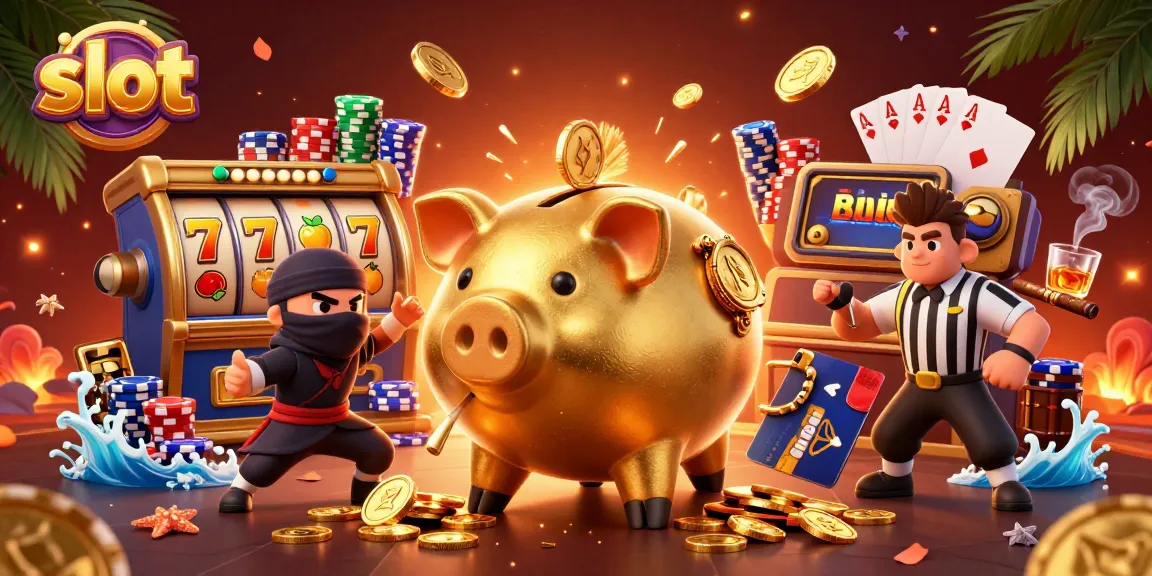 Spin the slot reels to win with golden piggy bank, ninja, and samurai in a dynamic casino scene.