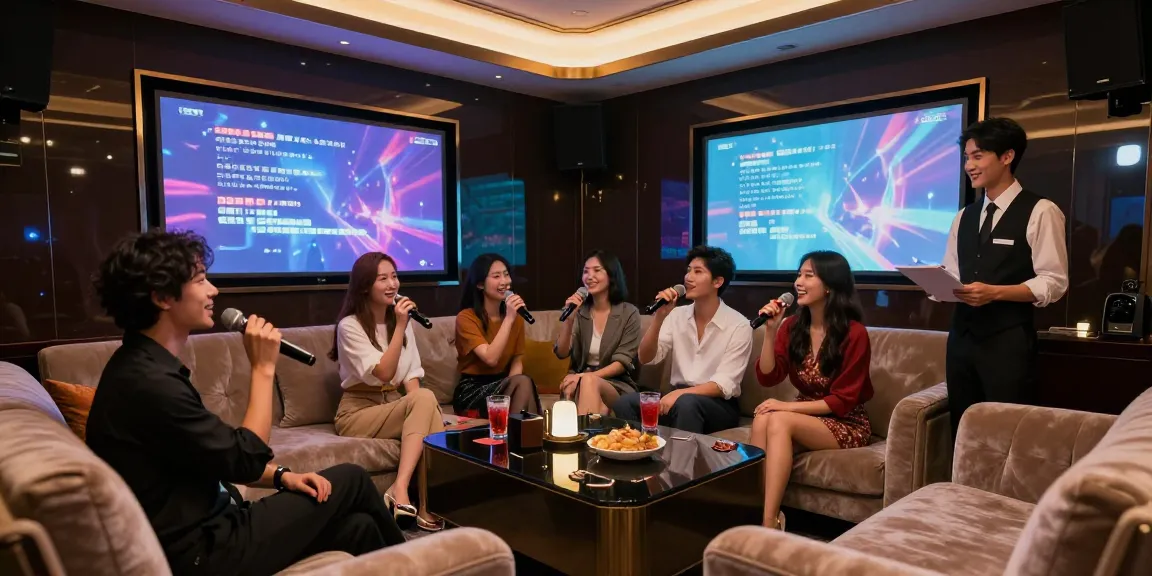 강남쩜오 프리미엄 가라오케의 고급스러운 내부 분위기와 즐거운 고객을 위한 서비스 장면
