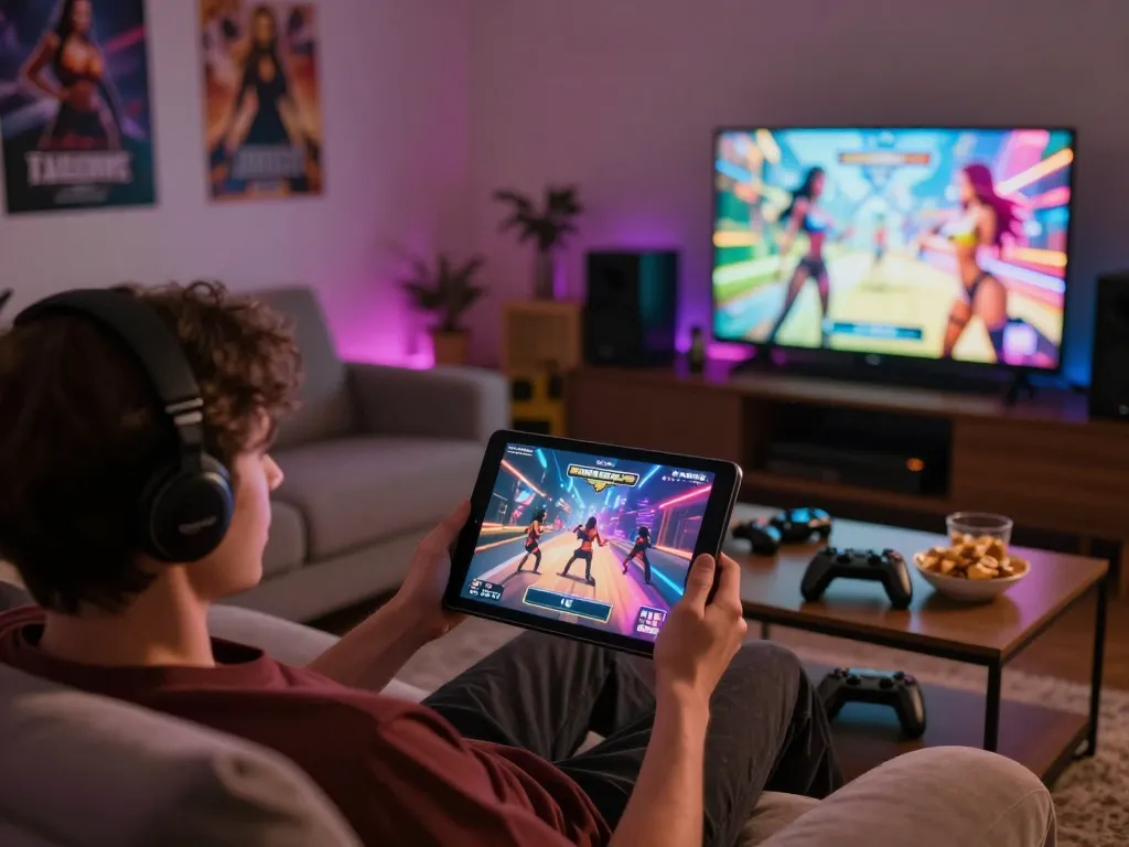 Person enjoying a sex simulator game in a cozy gaming lounge with colorful ambient lighting.