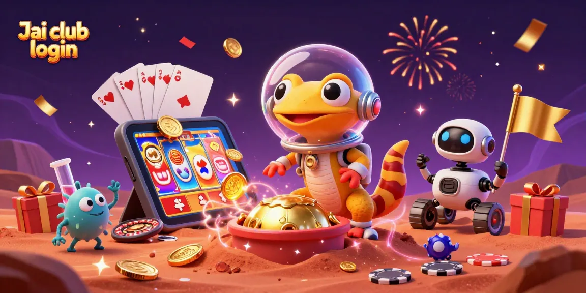 Engage with Jai club login in a vibrant 3D casino scene as Martian characters cheer for exciting slot games.