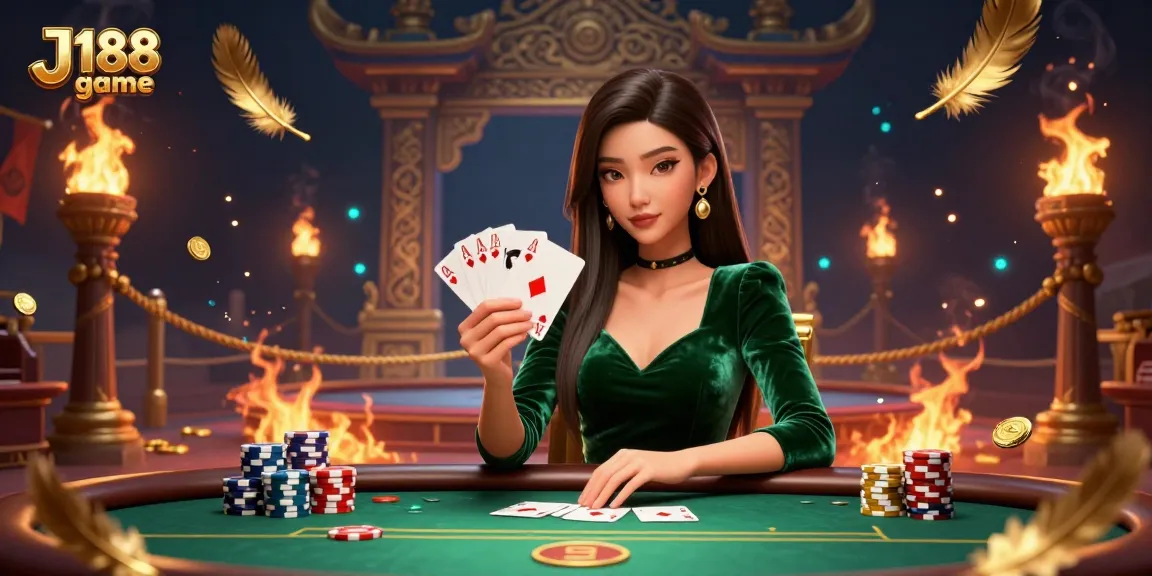 Engage in the thrilling J188 game at a luxurious poker table featuring dramatic golden elements and vibrant ambiance.
