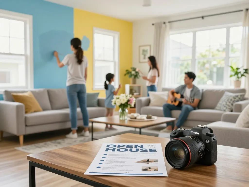Preparing for a quick house sale in a beautifully staged living room with family and a welcoming atmosphere.
