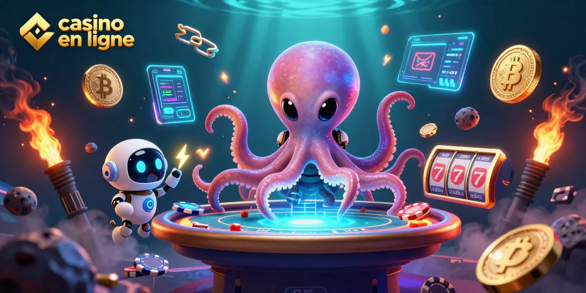 Découvrez l'univers du casino en ligne avec cette illustration vibrante d'un octopus alien jouant au poker.